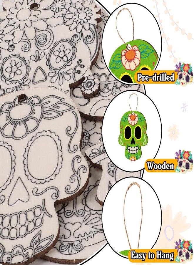 Eternity sky 72PCS Day of The Dead Wooden Craft Kit DIY Sugar Skull Dia De Los Muertos Halloween Hanging Decor with Coloring Pen Rope - Image 5